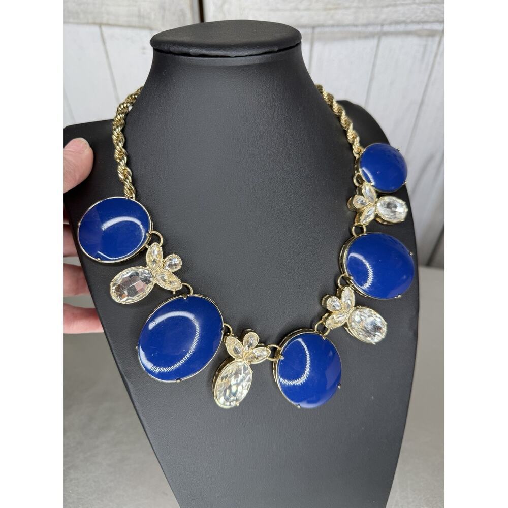 Vintage Banana Republic Huge Statement Necklace Blue & Crystal Accent Gold